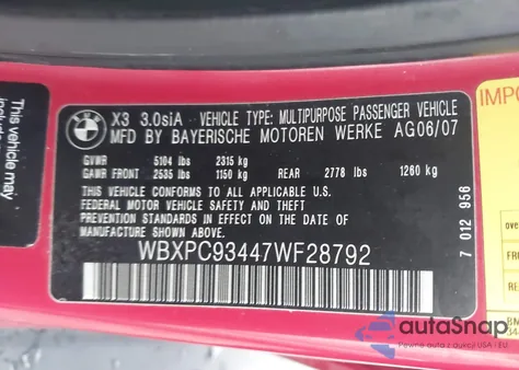 2007 BMW X3 3.0Si from USA, damaged, VIN WBXPC93447WF28792